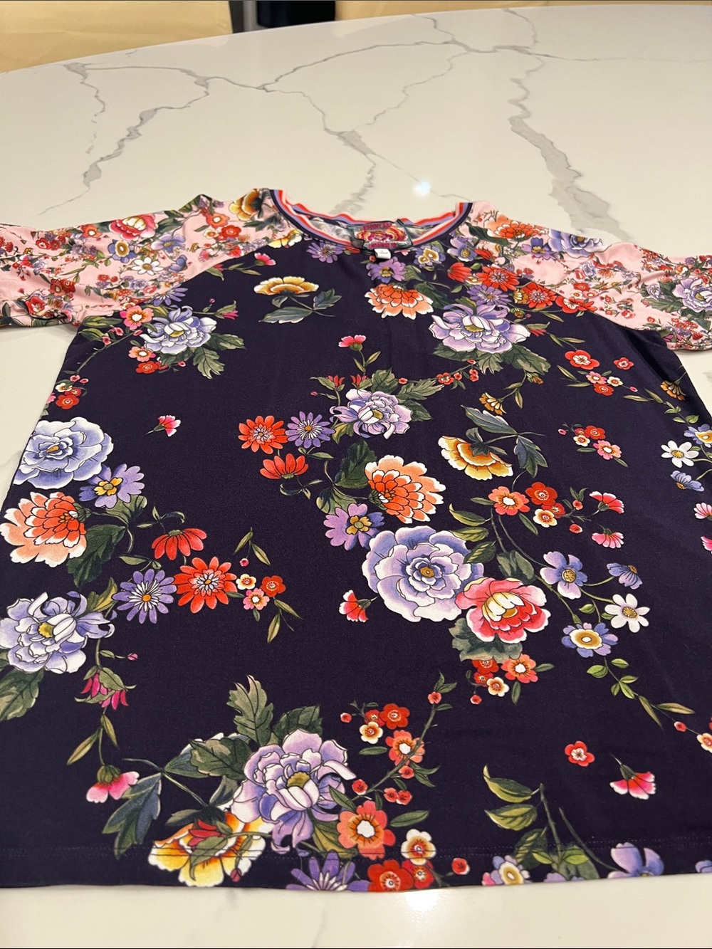 Johnny Was Woman’s Floral Raglan Tunic Top - Navy and Purple Floral